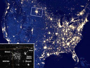 Satellite view of US at night showing North Dakota, home to shale gas, is aglow at night